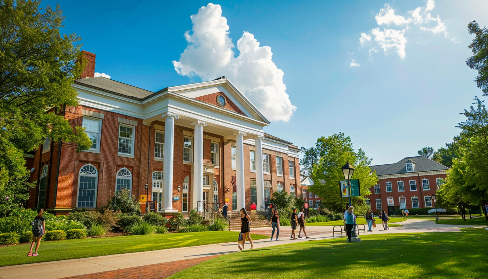 University campus with students